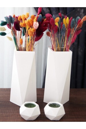 Geometric Tall Vase 20 Cm And Geometric Tealight Candle Holder Set (4 PIECES) Raw White - Genel Markalar