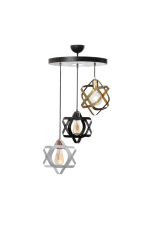 Geometrik Mix Modern Retro Siyah Beyaz Gold Sarkıt Salon - Mutfak - Yatak Odası 3 Lü Avize geomix3lü - Fer Avize