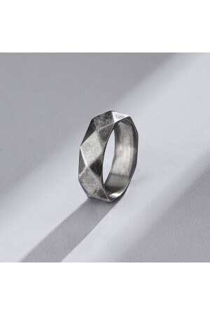 Geometrisch gemusterter silberner Ehering für Herren - Akgül Silver