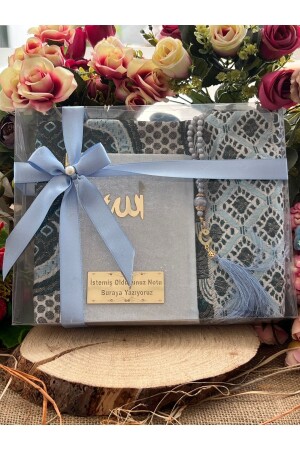 Geschenk-Mitgift-Gebetsteppich-Set, Gebetsperlen, groß, beschriftet, babyblauer Samt, Yasin-Juzu-Set, Braut- und Bräutigam-Paket - Medrese Yayınları