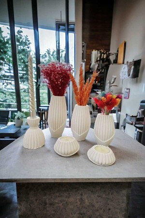 Geschenk- und dekorativer moderner 6-teiliger Vasen-Teelichthalter – Kerzenständer-Set 6-teilig, Rohweiß - Raise Style
