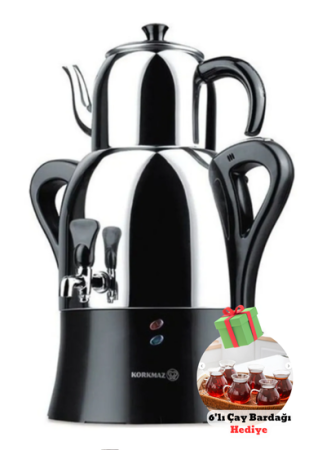 Geschenkartikel Korkmaz Teakolik Samowar A341 – 04 Schwarz – Inox Edelstahl & Perotti Keyfi Ala Borosilikat 6 Teegläser - Korkmaz