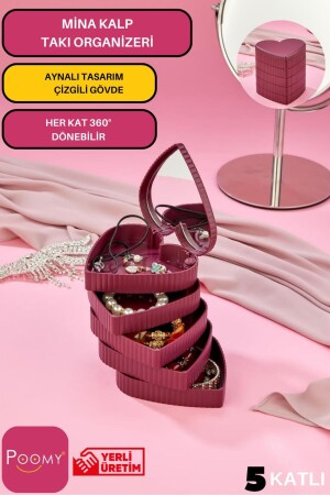Gestreift gemusterter Herz Mina 5-lagiger verspiegelter Schmuck-Organizer Pflaumenfarbe – verspiegelter Schmuck-Organizer - Poomy