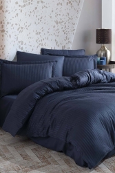 Gestreiftes Satin-Doppel-Jacquard-Bettbezug-Set – Marineblau EFB-RTL-HBY-ÇKSNVR-CZGL - Hobby