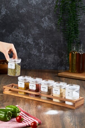 Gewürzdosen-Set mit 6 Gläsern, Gewürzglas mit Holzständer 200 ml, 24 Stück Gewürzetiketten BOUNTY - woodsy
