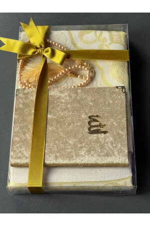 Gift Bundle Taffeta Fringed Gold Prayer Rug - Yasin - Prayer Beads Set - Ayhanhome