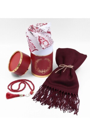 Gift Claret Red Taffeta Prayer Rug and Pearl Rosary Set & Plum Color Shawl in a Special Cylinder Box Gift S 88 x 136 - vegahediye v vega