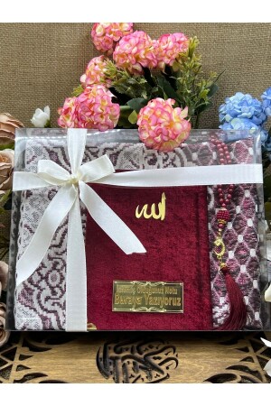 Gift Dowry Prayer Rug Set Prayer Beads Large Written Claret Red Velvet Yasin Juzu Set Bride Groom Bundle - Medrese Yayınları