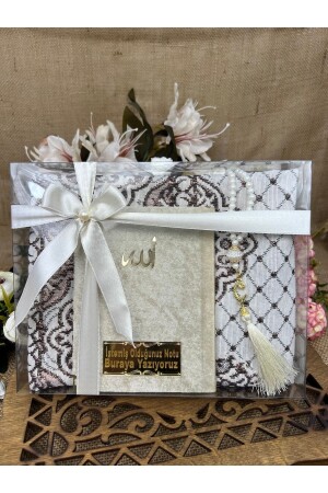 Gift Dowry Prayer Rug Set Prayer Beads Large Written Cream Velvet Yasin Bead Set Bride Groom Bundle - Medrese Yayınları