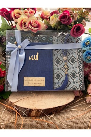 Gift Dowry Prayer Rug Set Prayer Beads Large Written Velvet Yasin Juzu Set Bride Groom Bundle Saks Blue - Medrese Yayınları