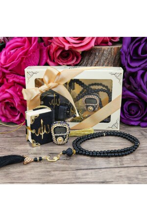 Gift Mini Quran & Luxury Stoned Chanting Maker & Pearl Prayer Beads Gift Set - Black - İkranur