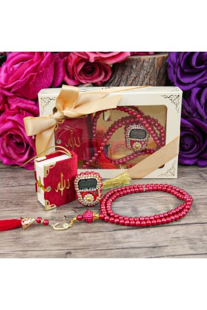 Gift Mini Quran & Luxury Stoned Chanting Maker & Pearl Prayer Beads Gift Set - Red - İkranur