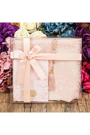 Gift Prayer Rug - Velvet Yasin (CUSTOM NAME) - Pearl Prayer Beads - Islamic Set with Acetate Box (26×23) - pink - İkranur