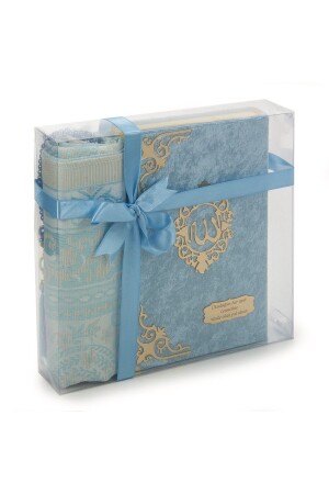 Gift Velvet Quran Prayer Rug and rosary set Blue - Emir Kitabevi