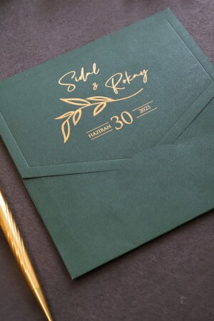 Gilded Wedding Invitation with Green Envelope (50 PCS) - Luna Davetiye