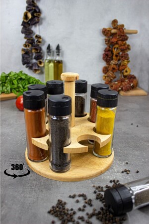 Ginger 8-Piece Rotating Platform Spice Set, Round 8-Piece Spice Set with Wooden Stand Ginger08 - KukiWood
