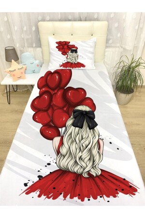 Girl in Red Dress and Balloon Patterned Bedspread evortu1337 - Evpanya
