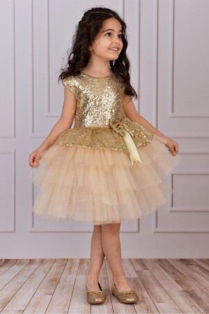 Girl's Beige Tulle Evening Dress 9359 - Mixie