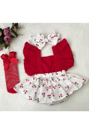 Girl's Cherry Pattern Frilly Slopet Bandana Red Fishnet Socks Set - Şapkakids