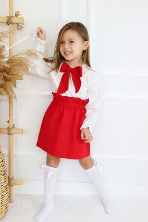 Girl's Long Sleeve Red Skirt Blouse Scarf Suit - Parla Kids