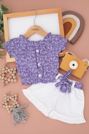 Girl's Summer Interlock Twill Fabric Floral Printed Muslin Shorts Top and Bottom Baby Set - Ege Bebek
