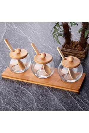 Glas-Gewürzdosen-Set, stilvoll, 3-teilig mit Bambusständer, Deckel und Löffel, 3-teilige Glas-Gewürzschale 2492265 - Genel Markalar