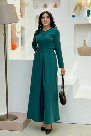 Göğüs Kısmı Gizli Düğme Detaylı Bel Kuşaklı Tulum 3676 Zümrüt - Bym Fashion