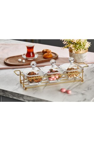 Gold 3-Compartment Breakfast Bowl, Sauce Bowl, Snack Bowl with Gold Metal Stand gold-breakfast bowl - ALİNA HOME