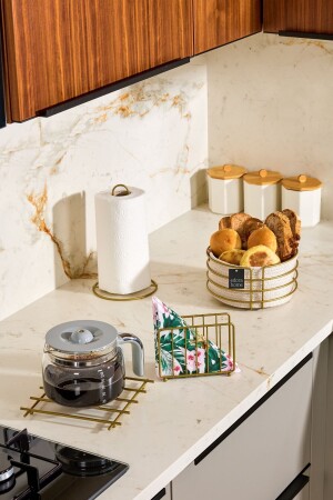 Gold 4-Piece Serving Set - Napkin Holder - Paper Towel Holder - Bread Holder Macrame - Trivet - Metal Stainless - Edora Home