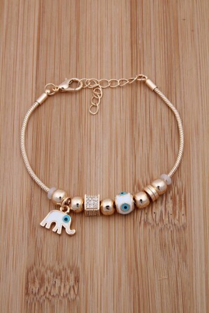 Gold Bracelet with Evil Eye Bead and Zircon Stone and Elephant Figure - Jack Ferrero