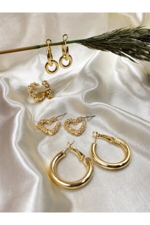 Gold Color 4 Pairs Heart-Change-Clip and Bottega Design Earrings - Eylülün Takısı