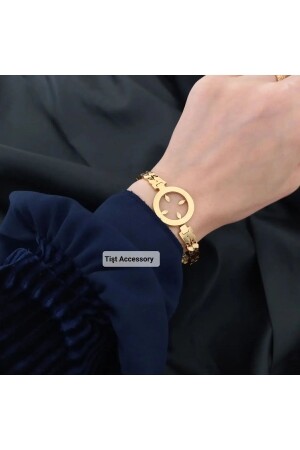 Gold Color Hollow Frame Barley Detailed Quarter Steel Cuff Bracelet - Tişt Accessory