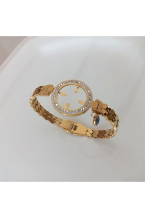 Gold Color Hollow Zircon Stone Framed Evil Eye Beaded Quarter Steel Cuff Bracelet - Tişt Accessory