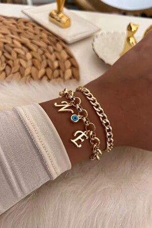 Gold Color Letters Selectable Evil Eye Detailed Chain Bracelet Combination 20 - Trendy Butik