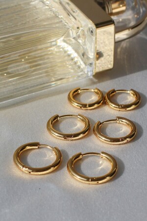 Gold Color Stainless Steel Large Medium Small Size Round Medium Thickness Set of 3 Shiny Hoop Earrings - Peony Jewelry