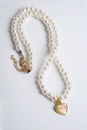 Gold Colored Pearl Necklace with Pearl and Pearl Heart Design - Euromoda