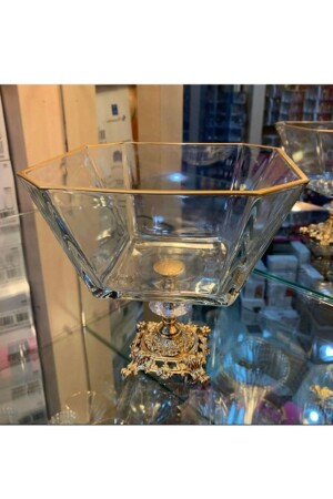 Gold Detailed Glass Large Salad - Serving - Presentation Bowl with Metal Legs Büyüksalatakasesi - Paşabahçe
