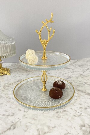 Gold Detailed Glass Tiered Cookie Holder & Serving Tiered Plate - May Home