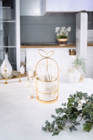 Gold Detailed Tree Patterned Cutlery Set Stand and 6 Porcelain Spoons - Vadi