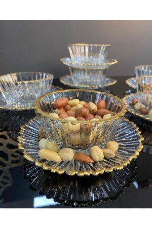 Gold Gilded 12 Piece Crystal Snack Bowl, Sugar Bowl, Jam Bowl, Glass Bowl for 6 People TYC00462905577 - Panayır Home