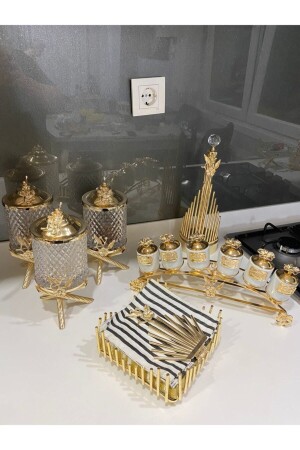 Gold Japanese Rose Jar Set. Roll Napkin Holder. serving napkin holder. long Spice Shaker SET GOLD - İmren Collection