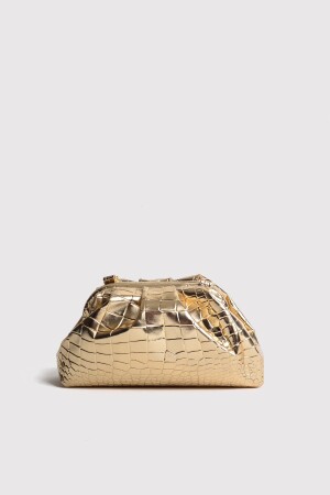 Gold Kadın Croco Desenli Metalik Deri Clutch Abiye Çanta - Berlesi