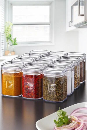 Gold Labeled 12-Piece Acrylic Vacuum Square Spice Jar Set 200 Ml - Spice Jar Set with Leakproof Lid MCH09193 - Kitchen Life