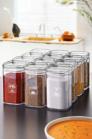 Gold Labeled 12-Piece Acrylic Vacuum Square Spice Jar Set 250 Ml - Spice Jar Set with Leakproof Lid TYC00733867010 - Kitchen Life