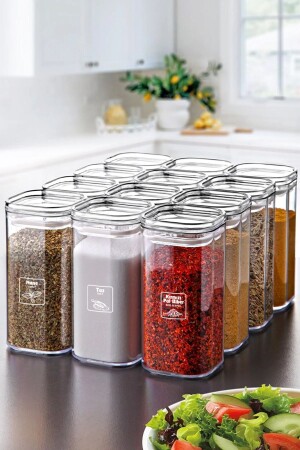 Gold Labeled 12-Piece Acrylic Vacuum Square Spice Jar Set 300 Ml - Spice Jar Set with Leakproof Lid TYC00733866679 - Kitchen Life
