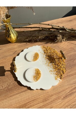 Gold Leaf Wavy Two Person Promise Engagement Groom Epoxy Presentation Tray and Ring Riser Set 912 - Sultan Tasarım