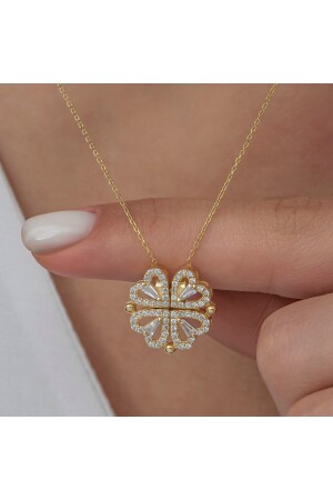 Gold Necklace with Heart and Openable Clover Figure - 925 Sterling Silver KLS164 - klas gümüş