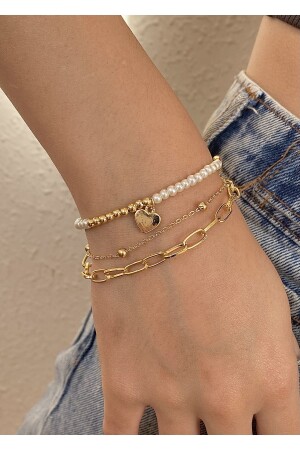 Gold pearl heart women's 3-piece gold bracelet - Takıtarzım