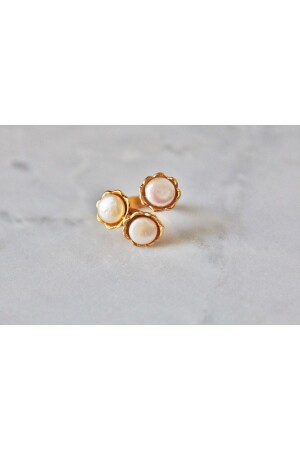 Gold Plated Adjustable Ring with Three Pearls and Flower Figures - Nocbu Brand