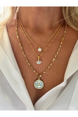 Gold Plated Evil Eye Single Stone Detailed 3 Piece Necklace Set - Rossetto Atelier
